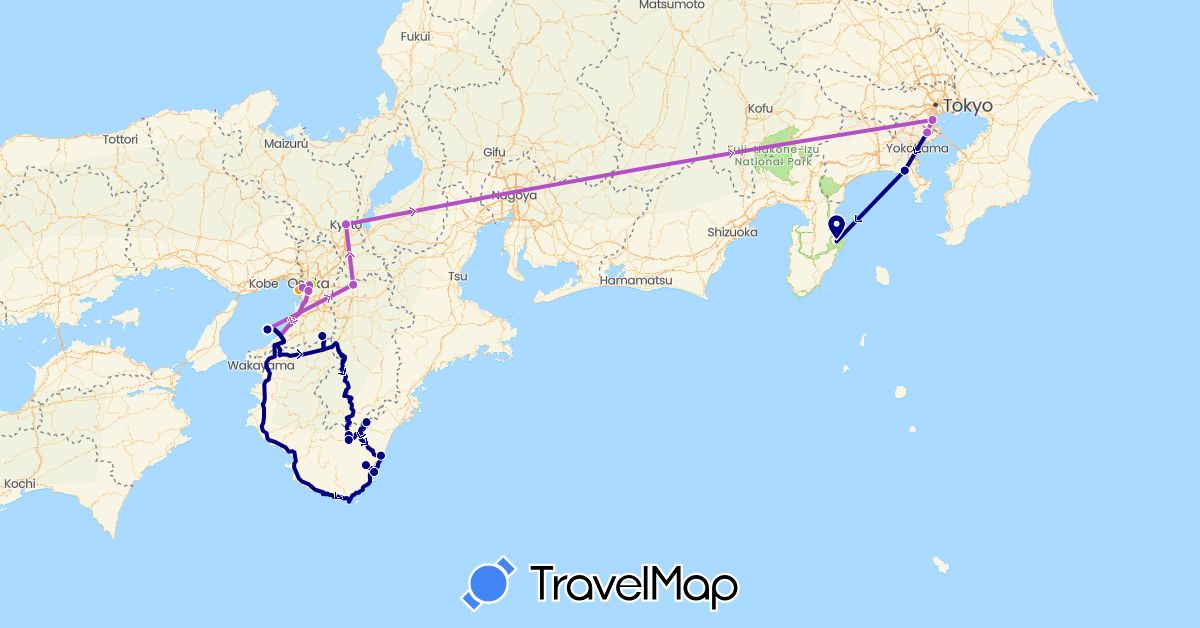 TravelMap itinerary: driving, train, points of interest, walking in Japan (Asia)